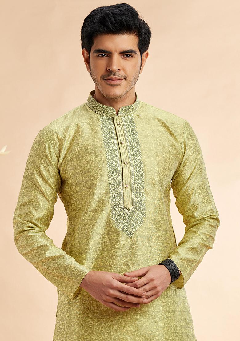 Pista Green Embroidered Silk Kurta Set For Men