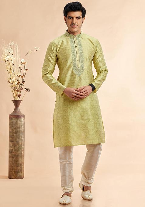 Pista Green Embroidered Silk Kurta Set For Men