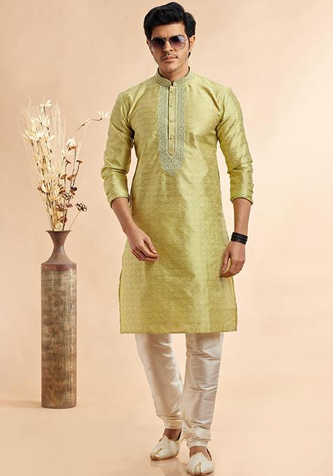 Pista Green Embroidered Silk Kurta Set For Men
