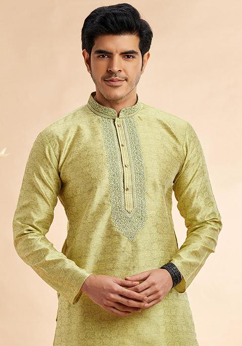 Pista Green Embroidered Silk Kurta Set For Men