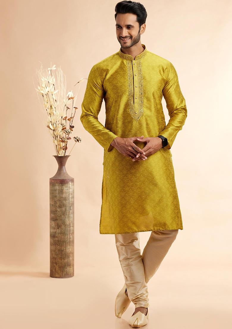 Yellow Embroidered Silk Kurta Set For Men