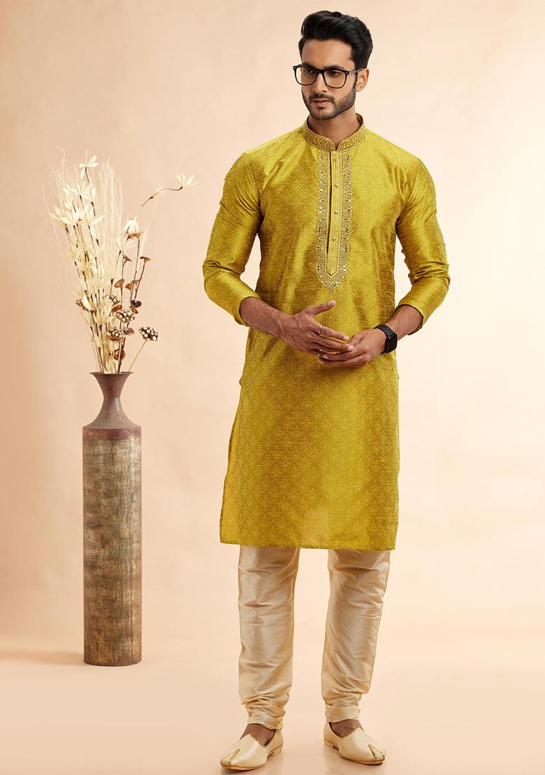 Yellow Embroidered Silk Kurta Set For Men