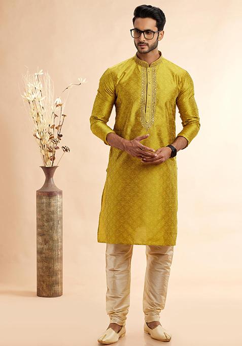 Yellow Embroidered Silk Kurta Set For Men