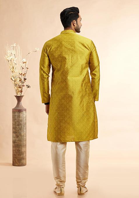 Yellow Embroidered Silk Kurta Set For Men