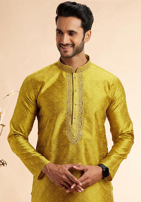 Yellow Embroidered Silk Kurta Set For Men