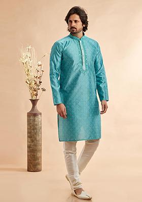 Blue Embroidered Silk Kurta Set For Men