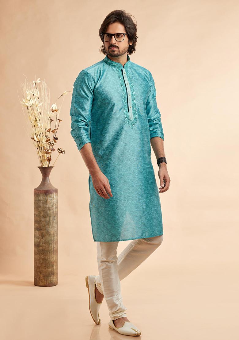 Blue Embroidered Silk Kurta Set For Men