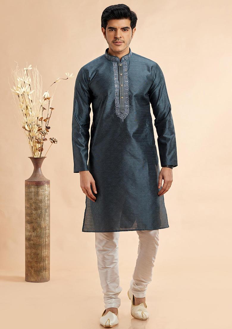 Grey Embroidered Silk Kurta Set For Men