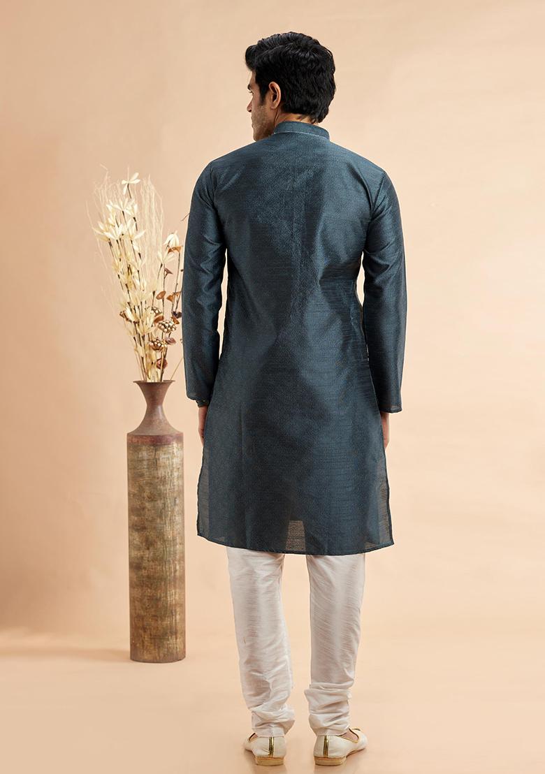 Grey Embroidered Silk Kurta Set For Men
