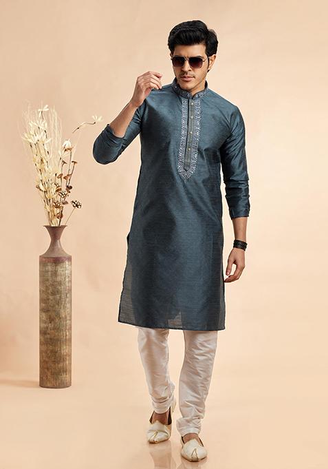 Grey Embroidered Silk Kurta Set For Men