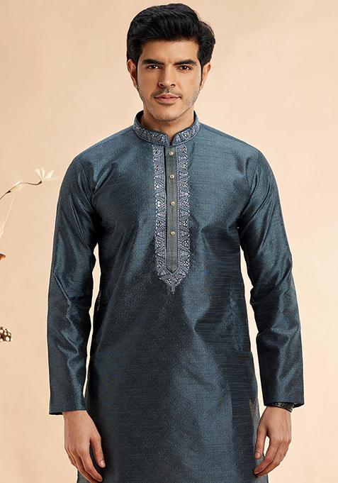 Grey Embroidered Silk Kurta Set For Men
