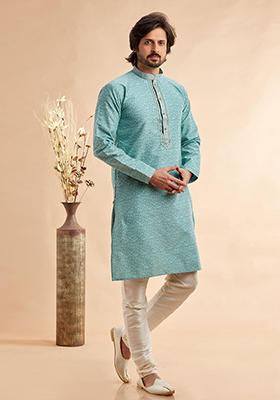 Blue Embroidered Silk Kurta Set For Men
