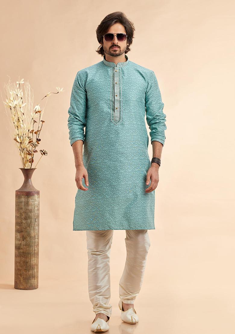 Blue Embroidered Silk Kurta Set For Men