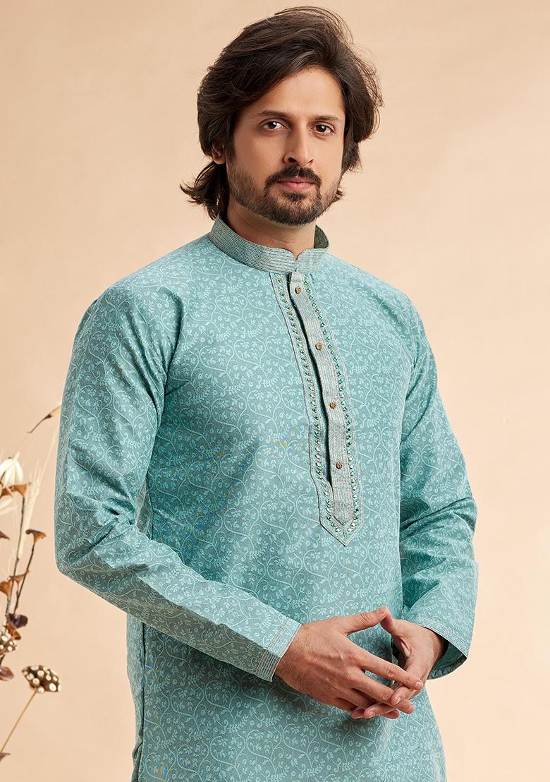 Blue Embroidered Silk Kurta Set For Men