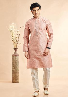 Peach Embroidered Silk Kurta Set For Men
