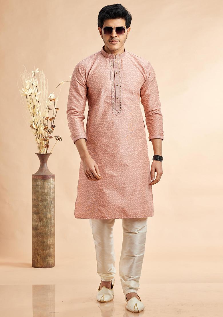 Peach Embroidered Silk Kurta Set For Men
