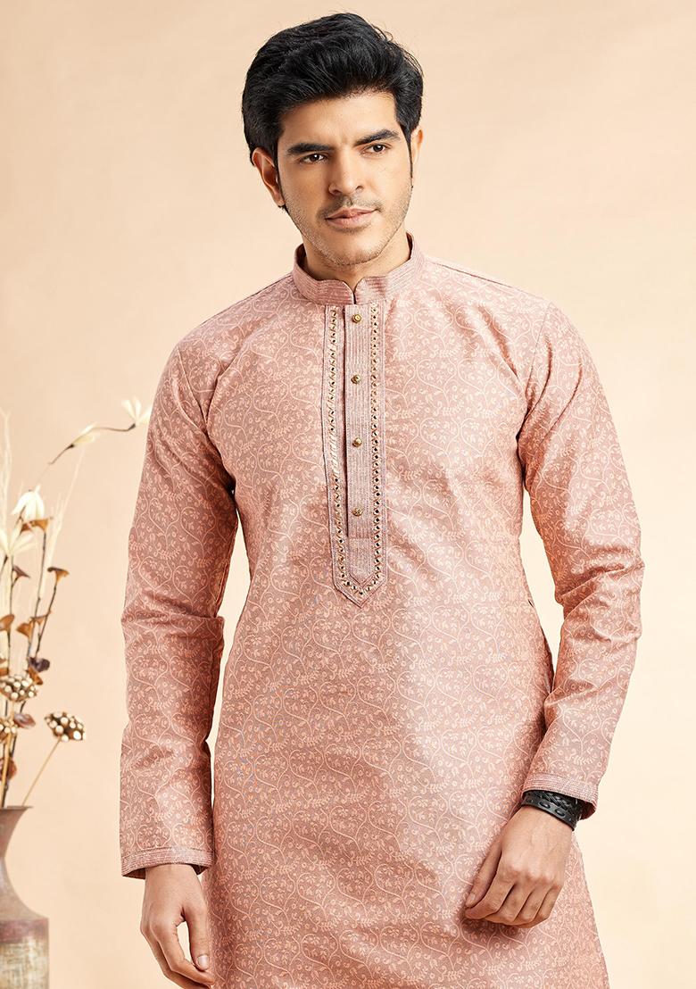 Peach Embroidered Silk Kurta Set For Men