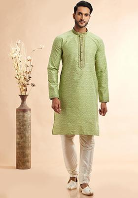 Pista Green Embroidered Silk Kurta Set For Men