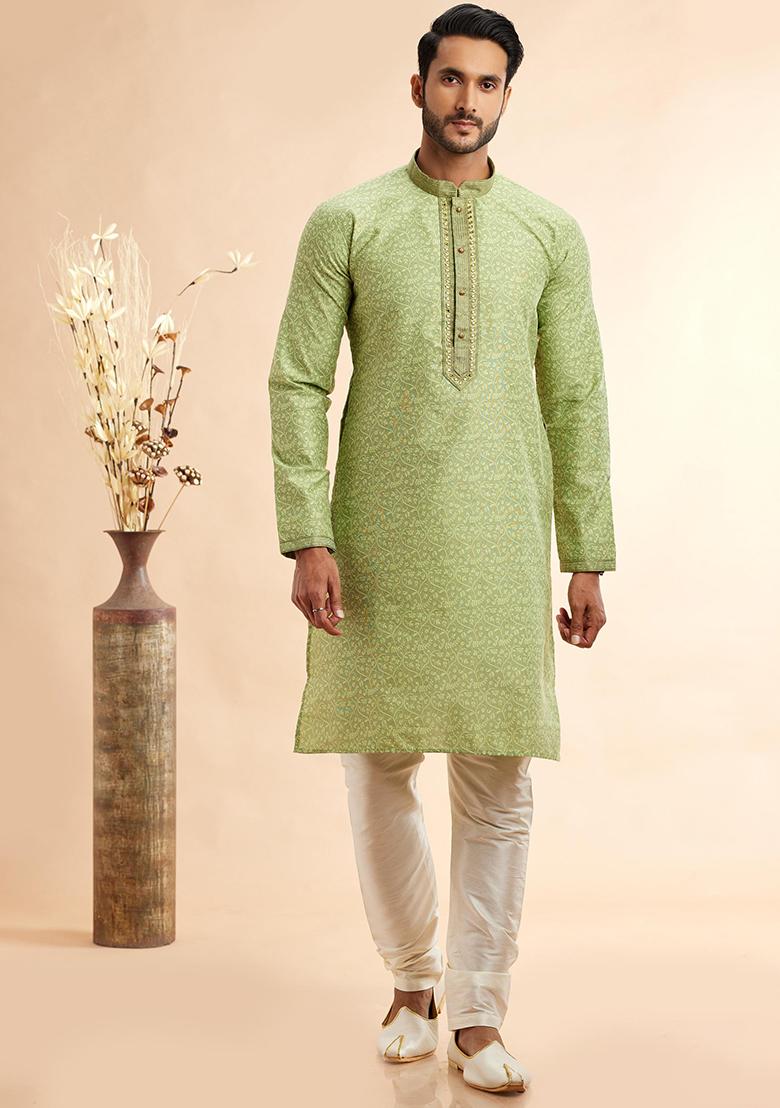 Pista Green Embroidered Silk Kurta Set For Men