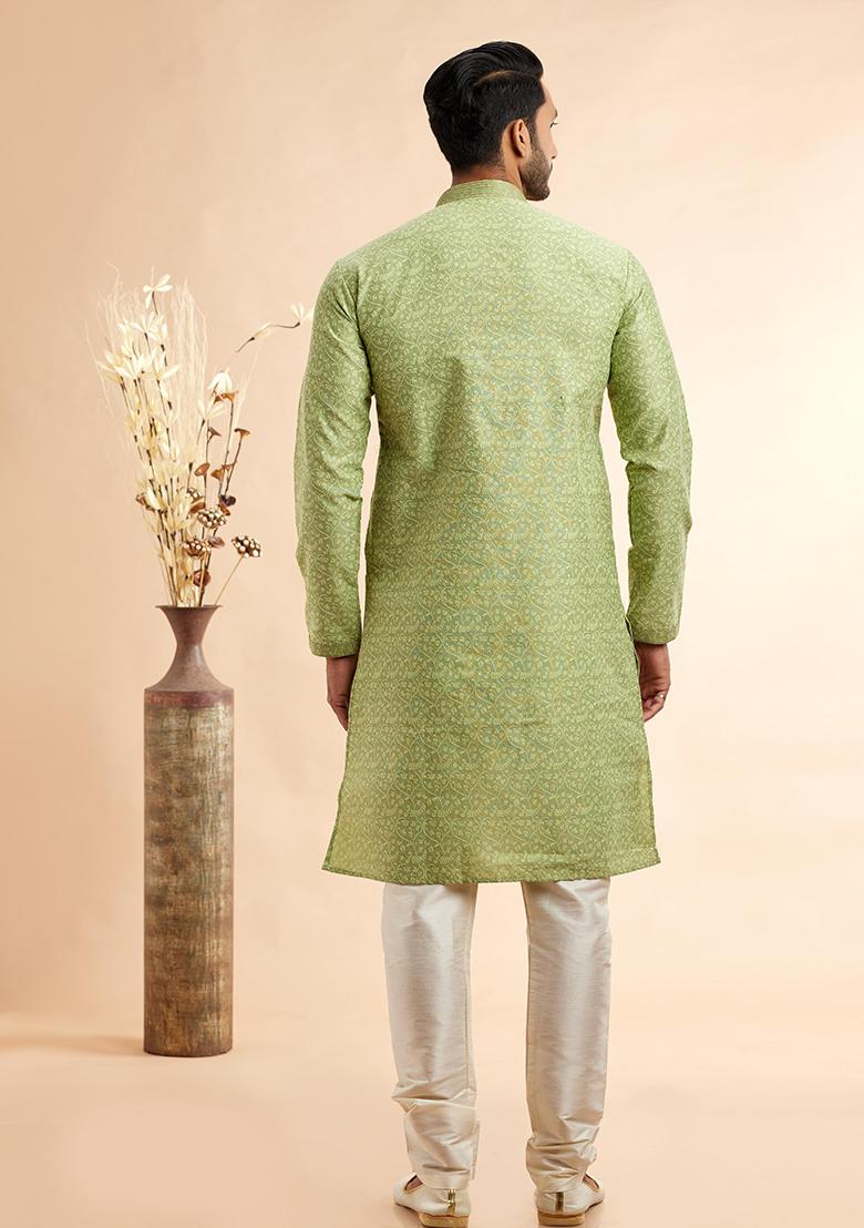 Pista Green Embroidered Silk Kurta Set For Men