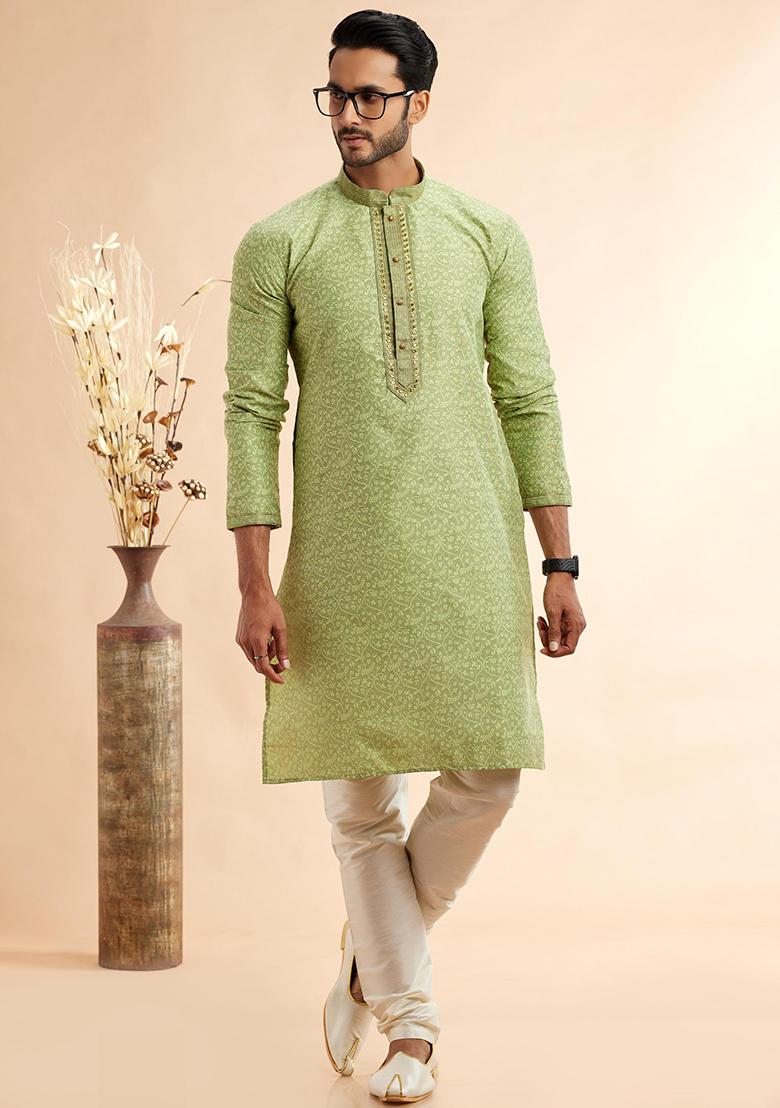 Pista Green Embroidered Silk Kurta Set For Men