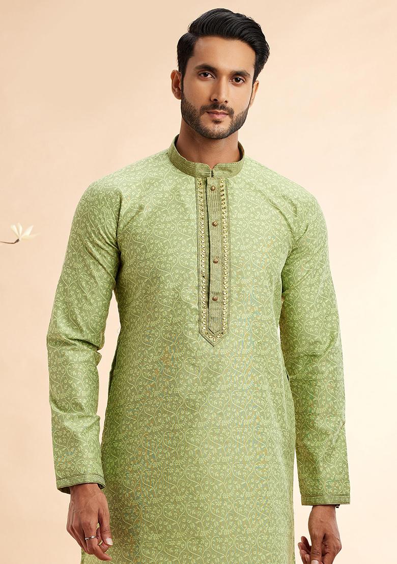 Pista Green Embroidered Silk Kurta Set For Men