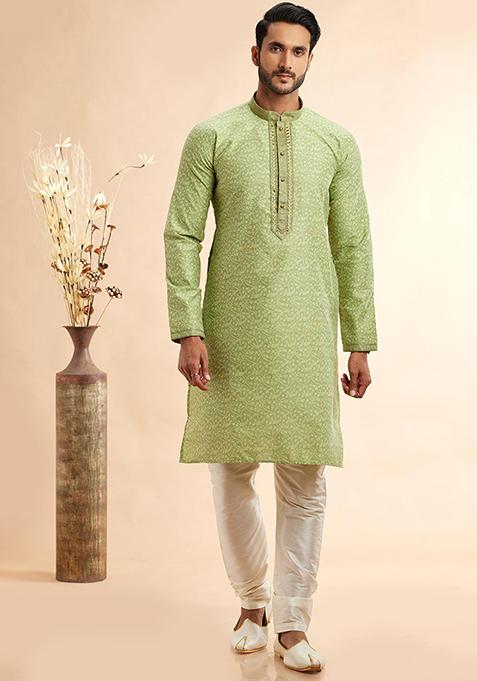 Pista Green Embroidered Silk Kurta Set For Men