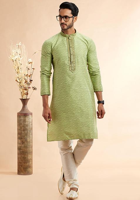 Pista Green Embroidered Silk Kurta Set For Men