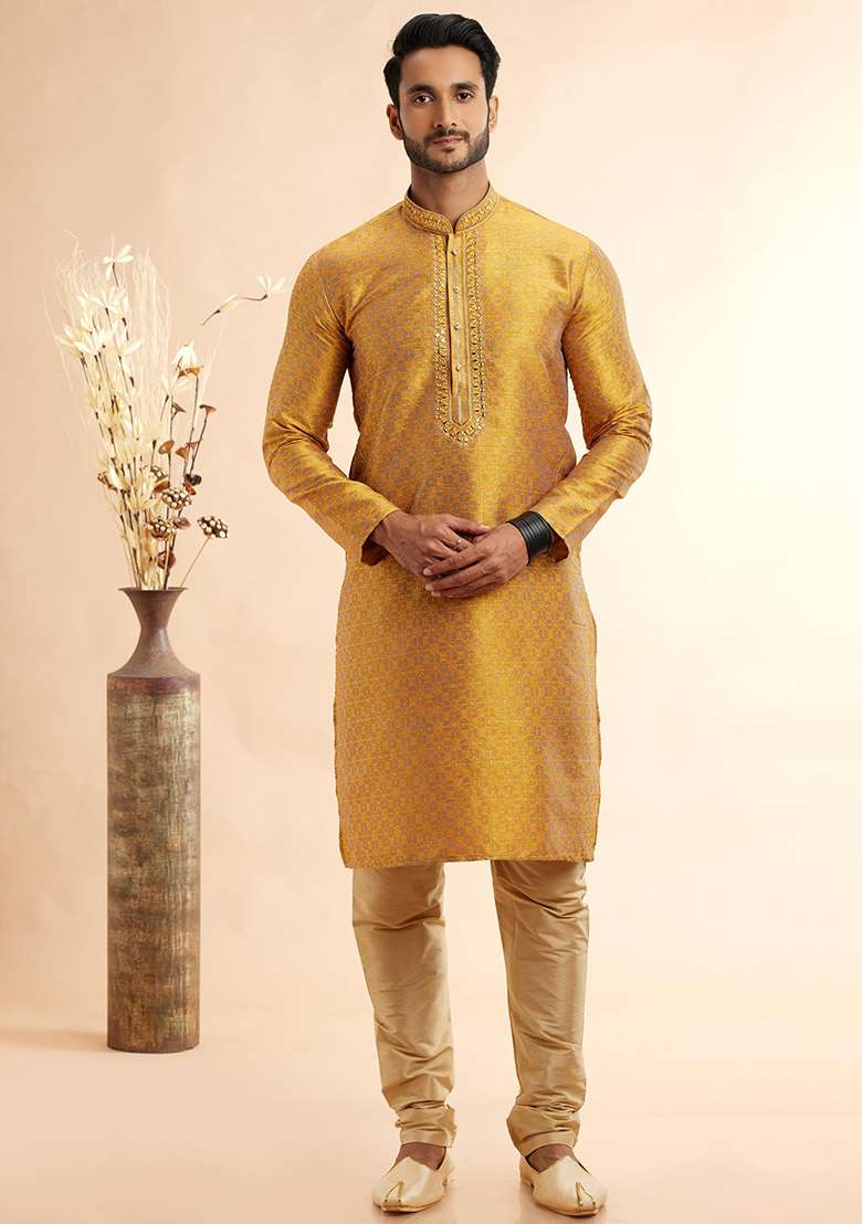 Fire Yellow Embroidered Silk Kurta Set For Men - Indya