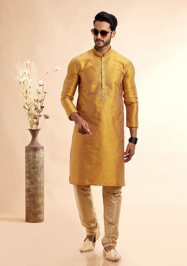 Fire Yellow Embroidered Silk Kurta Set For Men