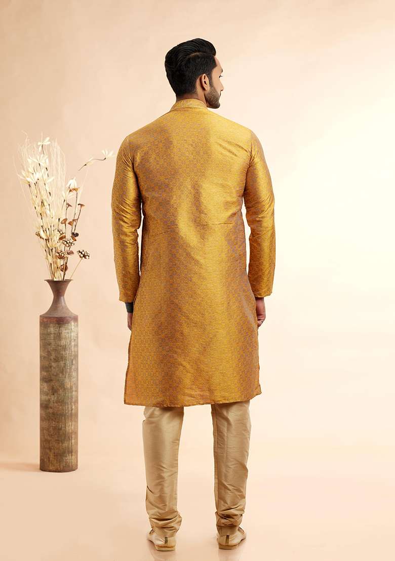 Fire Yellow Embroidered Silk Kurta Set For Men - Indya