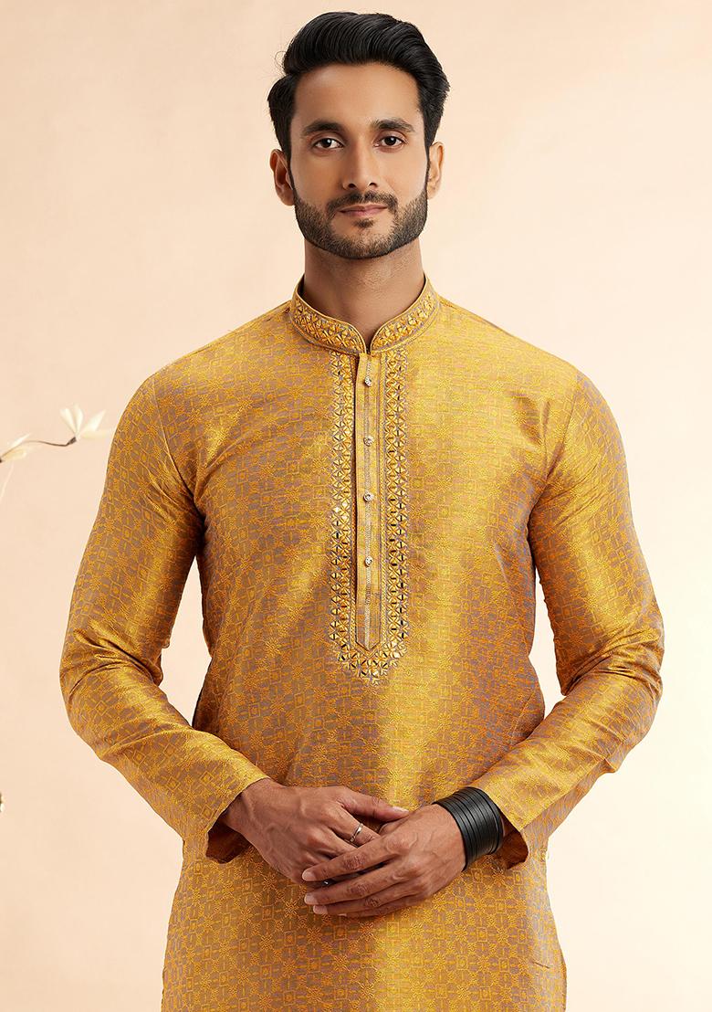 Fire Yellow Embroidered Silk Kurta Set For Men