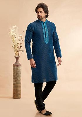 Blue And Black Embroidered Silk Kurta Set For Men