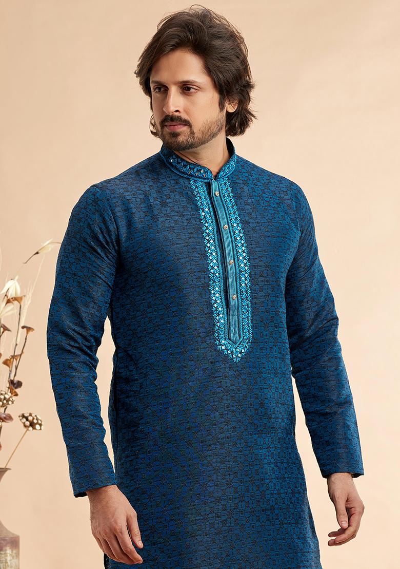 Blue And Black Embroidered Silk Kurta Set For Men
