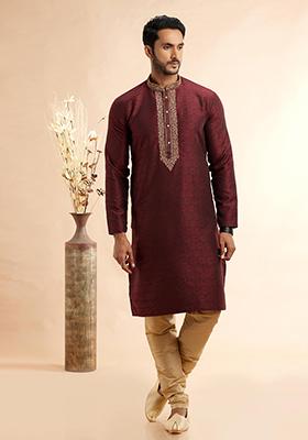 Wine Embroidered Silk Kurta Set For Men