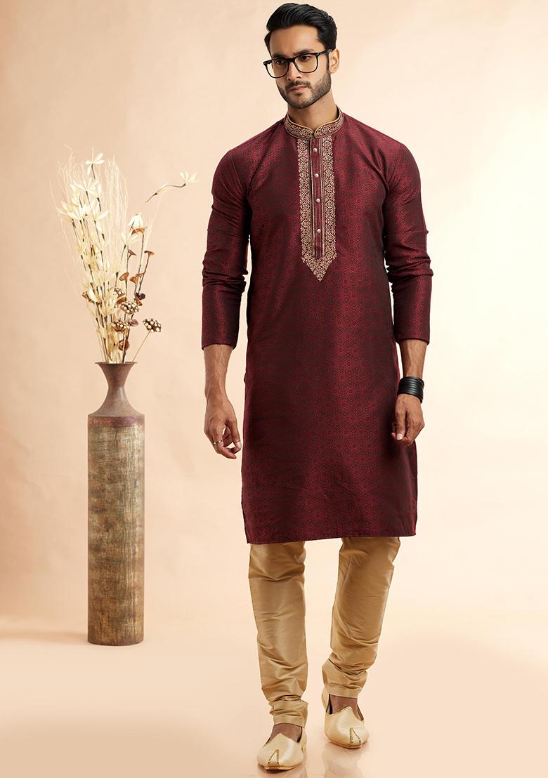 Wine Embroidered Silk Kurta Set For Men
