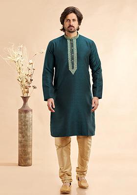 Green Embroidered Silk Kurta Set For Men