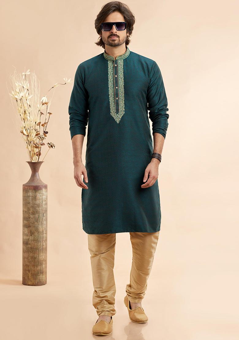 Green Embroidered Silk Kurta Set For Men