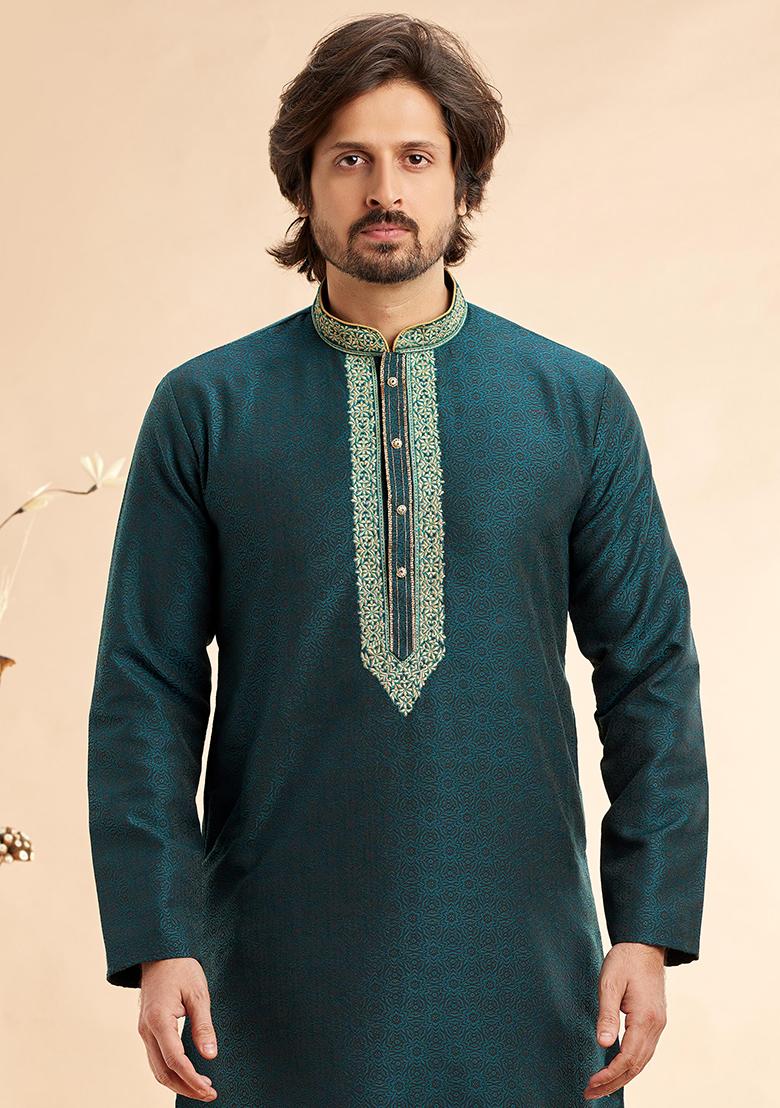 Green Embroidered Silk Kurta Set For Men