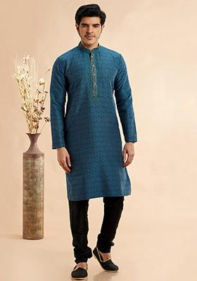 Blue Embroidered Silk Kurta Set For Men