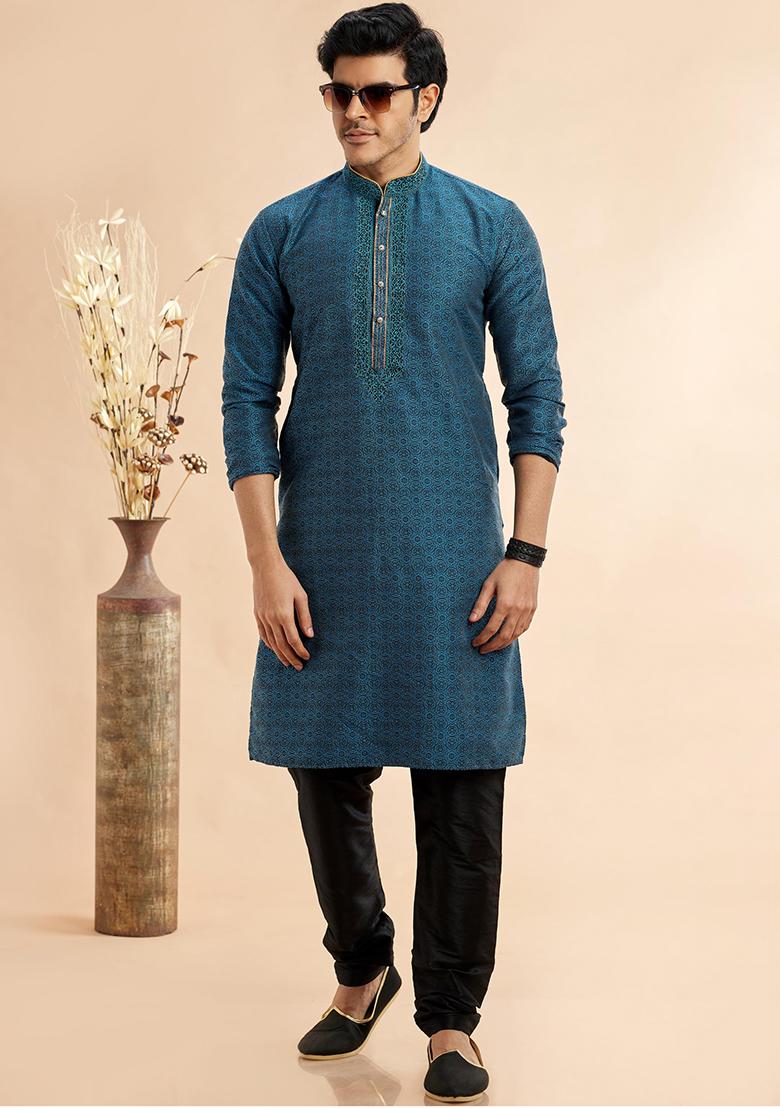 Blue Embroidered Silk Kurta Set For Men