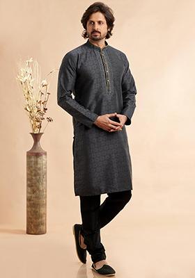 Black Embroidered Silk Kurta Set For Men