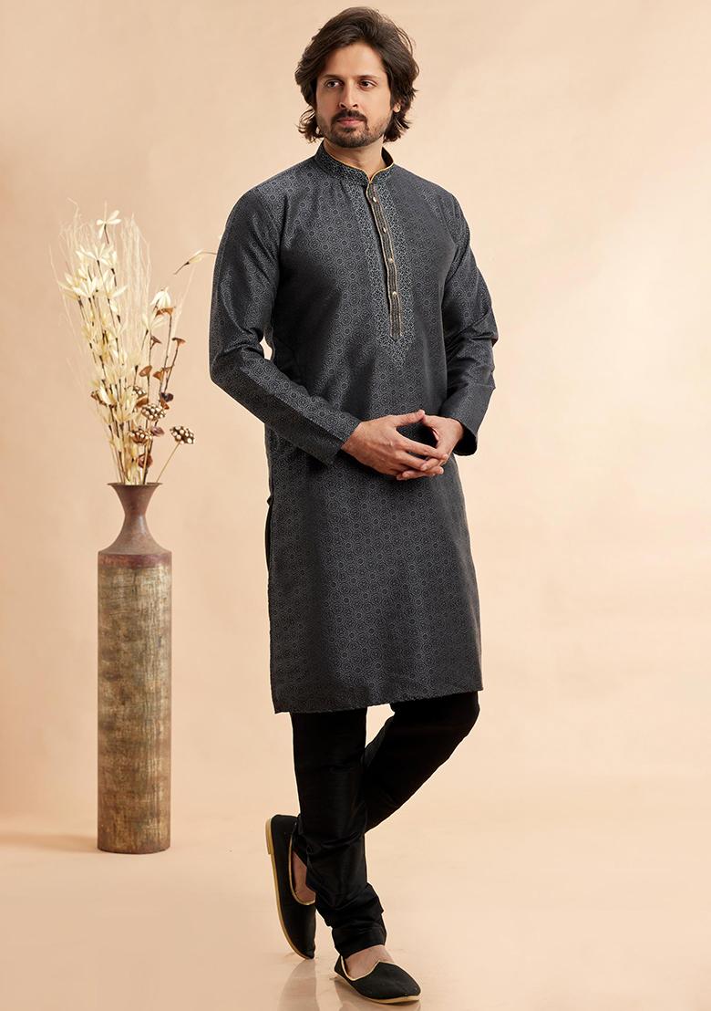 Black Embroidered Silk Kurta Set For Men