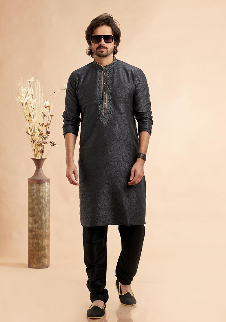 Black Embroidered Silk Kurta Set For Men