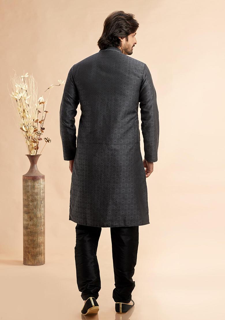 Black Embroidered Silk Kurta Set For Men