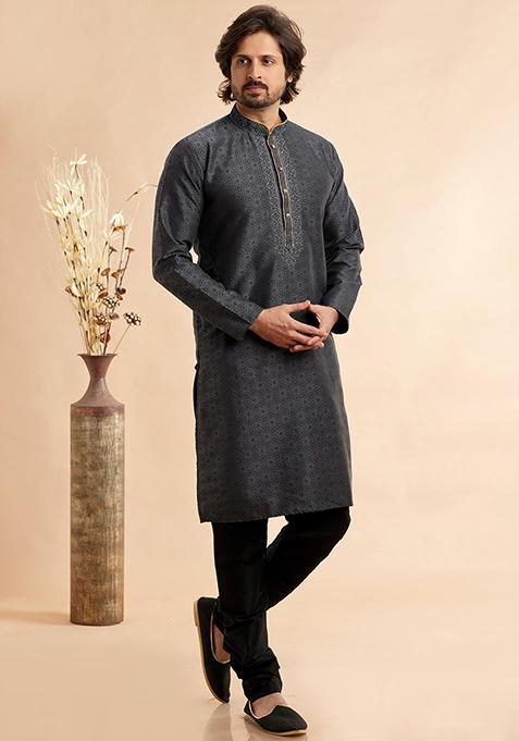 Black Embroidered Silk Kurta Set For Men