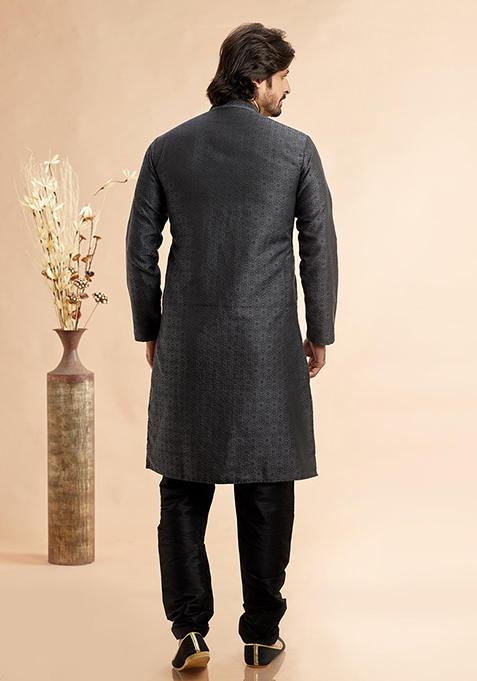 Black Embroidered Silk Kurta Set For Men