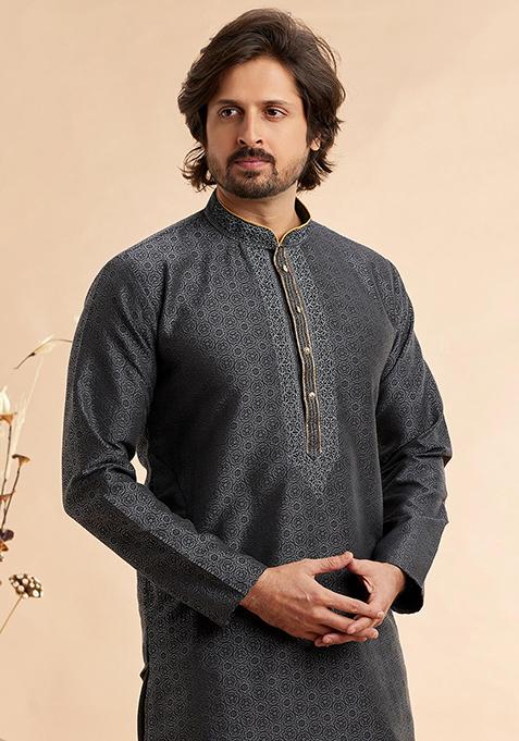 Black Embroidered Silk Kurta Set For Men