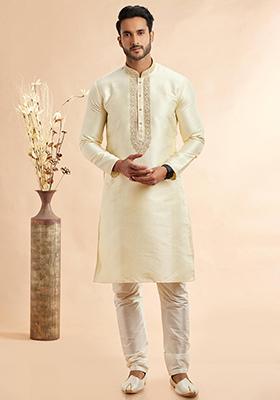 Lemon Green Embroidered Silk Kurta Set For Men