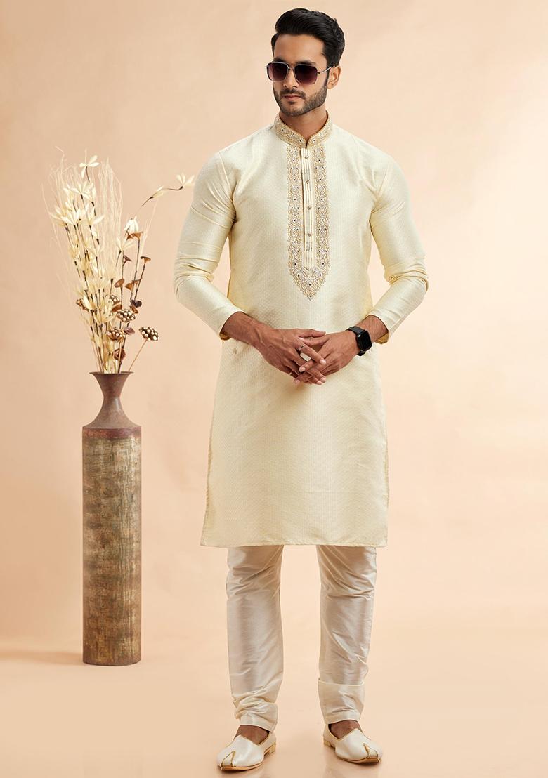 Lemon Green Embroidered Silk Kurta Set For Men
